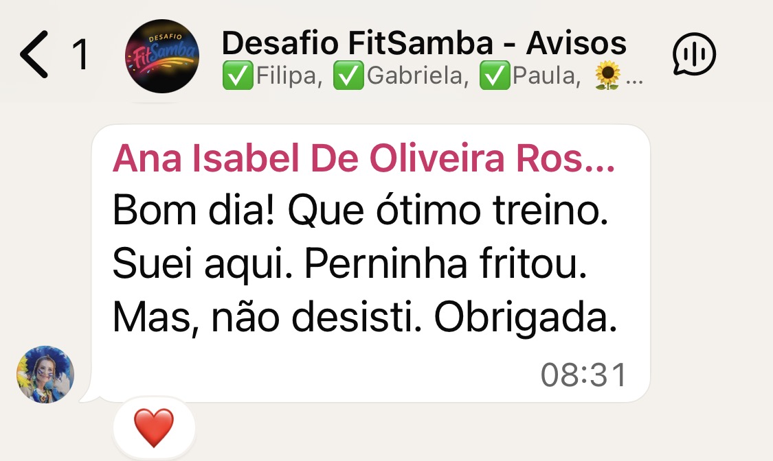 Print WhatsApp: Ana Isabel — Suei aqui. Perninha fritou. Mas não desisti.