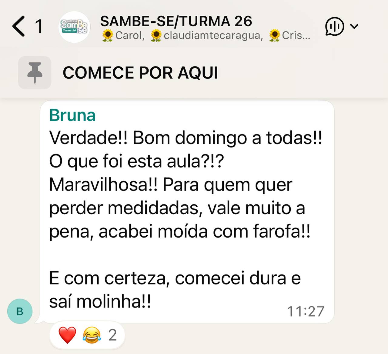 Print comunidade SAMBE-SE Turma 26: Bruna — Maravilhosa, vale muito a pena.