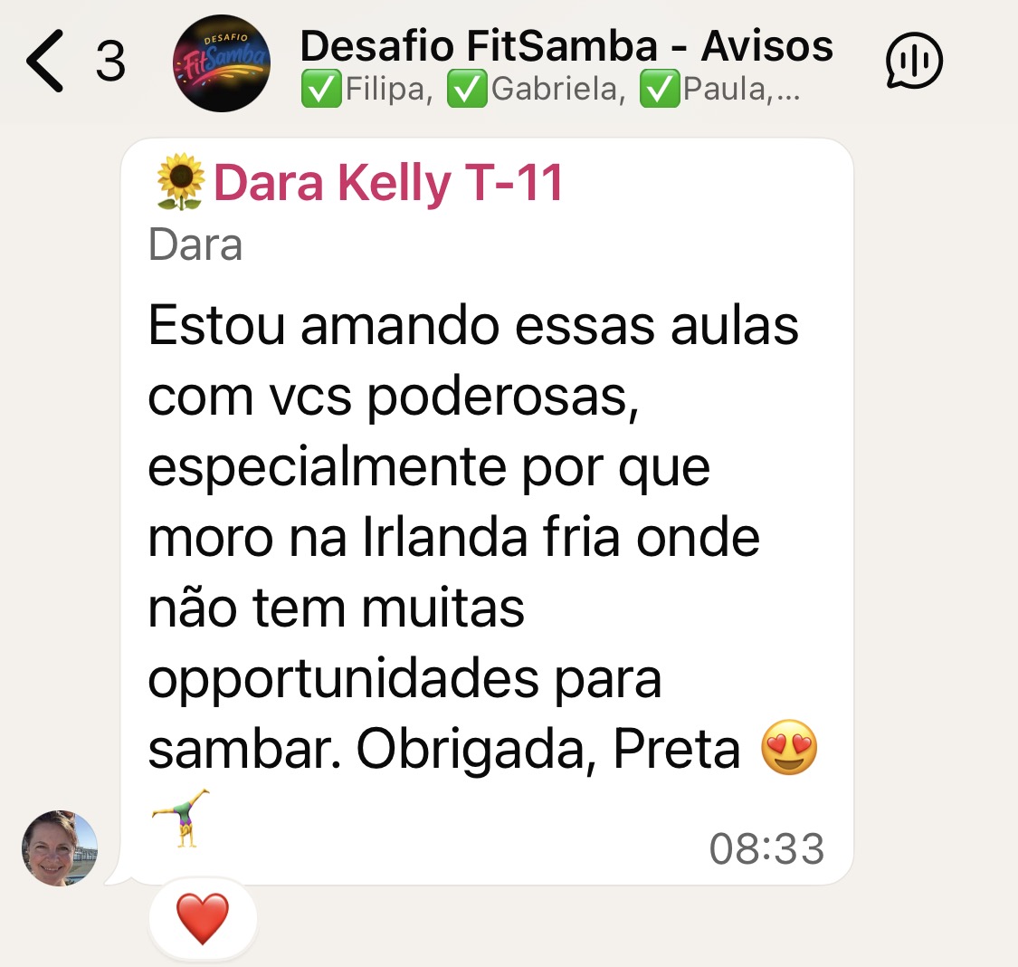 Print: Dara Kelly T-11 — Amando essas aulas mesmo morando na Irlanda.