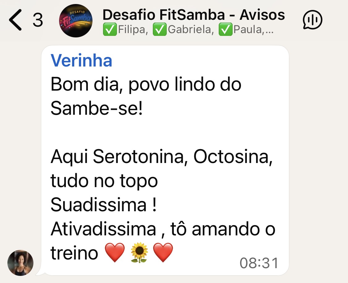 Print: Verinha — Serotonina, ocitocina, tudo no topo. Suadíssima e amando o treino.